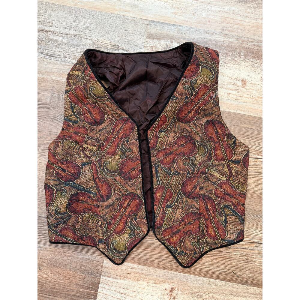 Vtg Vintage Tapestry Vest Violins print 80s 90s Dancing Cat Burbank Size Small